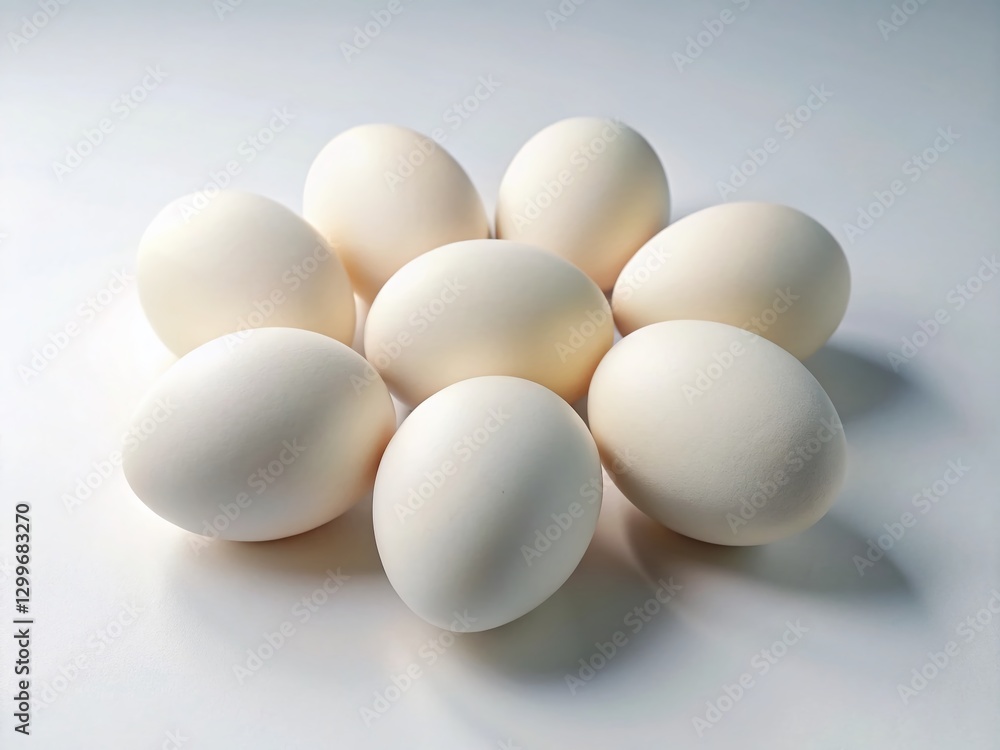 Seven Pristine White Eggs on a Pure White Background - Perfect for Culinary Photography Seven Pristine White Eggs on a Pure White Background - Perfect for Culinary Photography