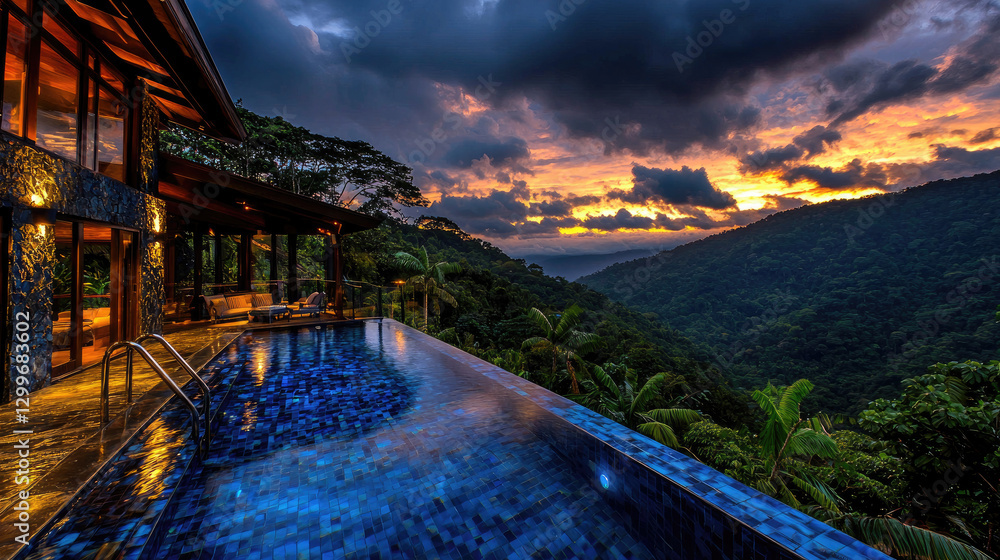 Fototapeta premium Serene sunset over a luxurious hillside villa with a pool, surrounded by lush greenery
