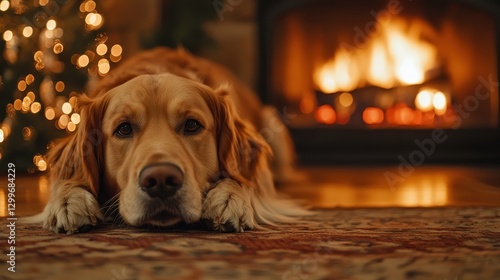 Wallpaper Mural Golden retriever relaxing by the fireplace in cozy living room during winter holidays Torontodigital.ca