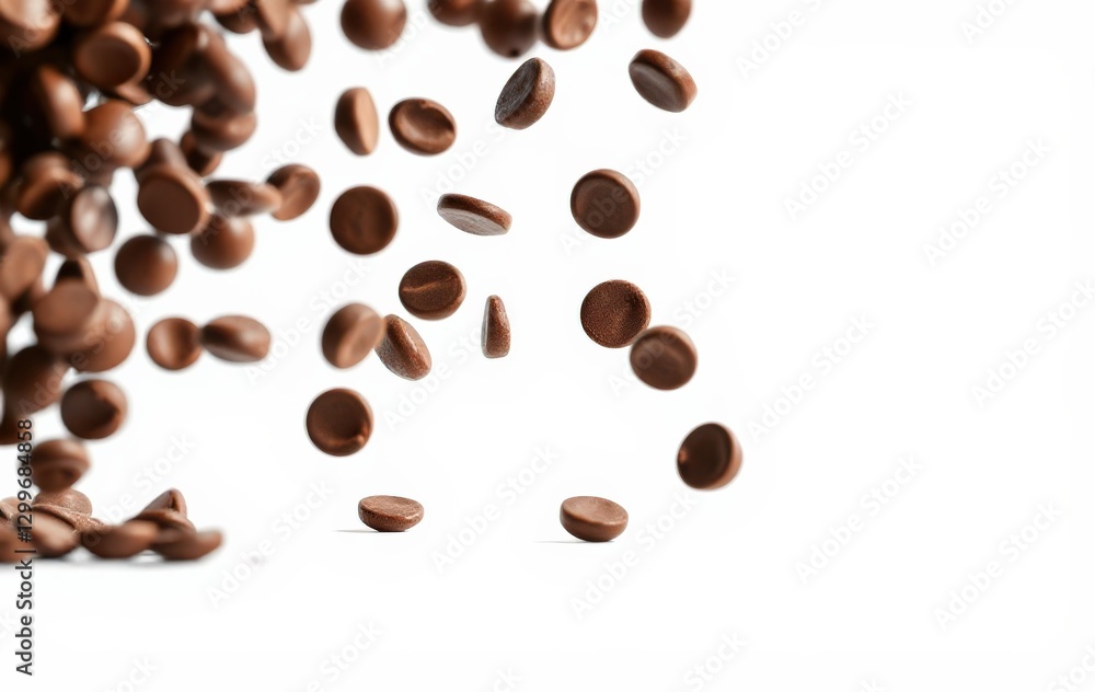 Falling Chocolate Chips on White Background for Baking and Desserts Falling Chocolate Chips on White Background for Baking and Desserts