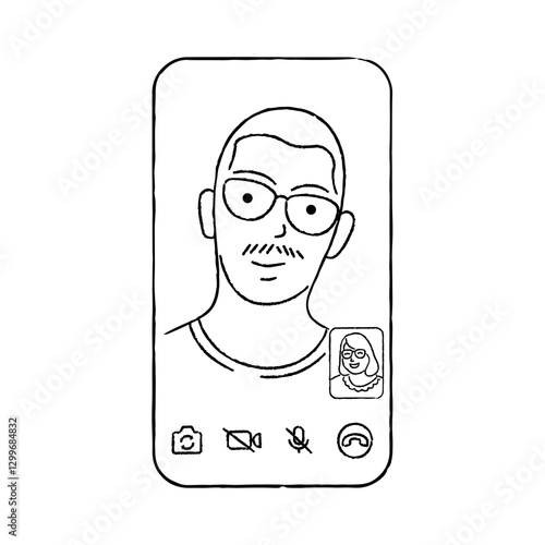 Man Doing Video Call to His Partner Using Smart Phone Illustration Outline Hand Drawn