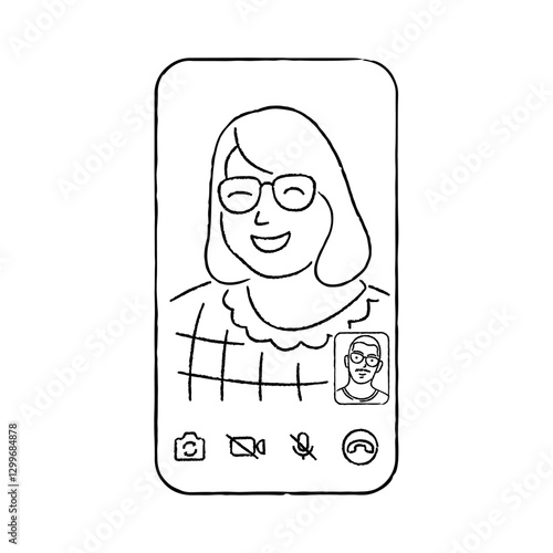Woman Doing Video Call to Her Partner Using Smart Phone Illustration Outline Hand Drawn