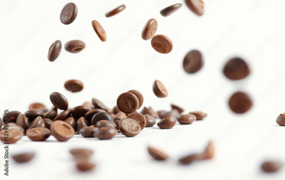 Falling Chocolate Coffee Beans on a White Background for Gourmet Products Falling Chocolate Coffee Beans on a White Background for Gourmet Products
