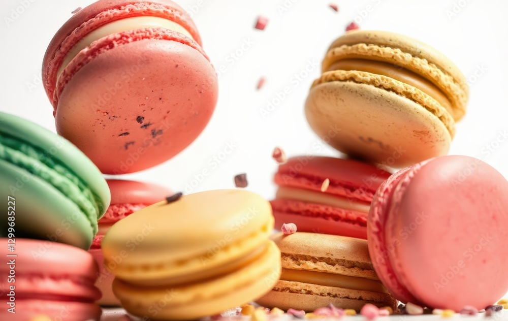 Colorful Macarons Flying in the Air with Sweet Sprinkles - Gourmet Pastry Treats Colorful Macarons Flying in the Air with Sweet Sprinkles - Gourmet Pastry Treats