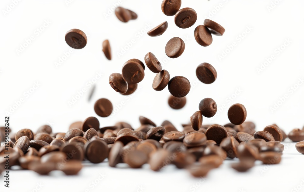 Falling Chocolate Coffee Beans on White Background for Delicious Desserts Falling Chocolate Coffee Beans on White Background for Delicious Desserts