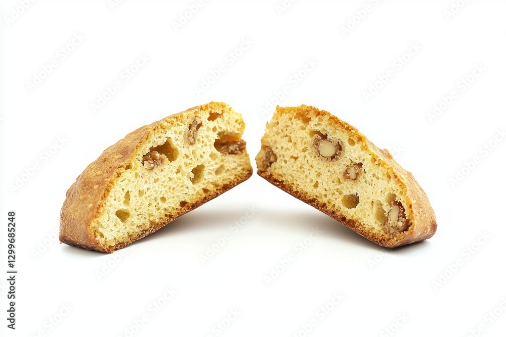 Crunchy biscotti halves showcasing toasted nuts texture on white backdrop studio shot delicious delight Crunchy biscotti halves showcasing toasted nuts texture on white backdrop studio shot delicious delight