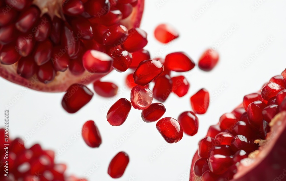 Vibrant Fresh Pomegranate Seeds Falling from Split Fruit on Light Background Vibrant Fresh Pomegranate Seeds Falling from Split Fruit on Light Background