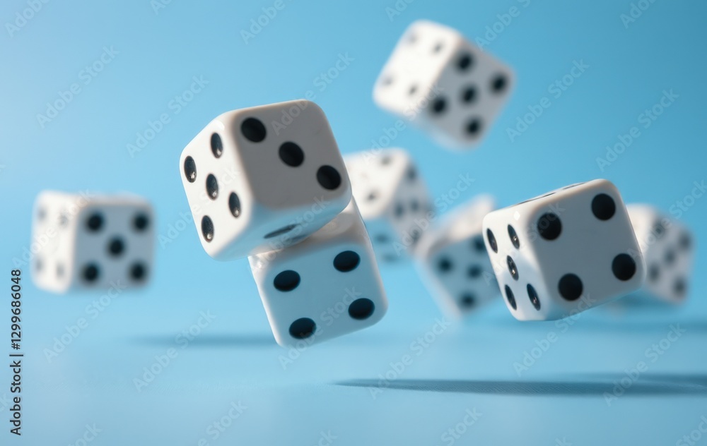 Falling Dice on Blue Background for Fun Games and Gambling Concepts Falling Dice on Blue Background for Fun Games and Gambling Concepts