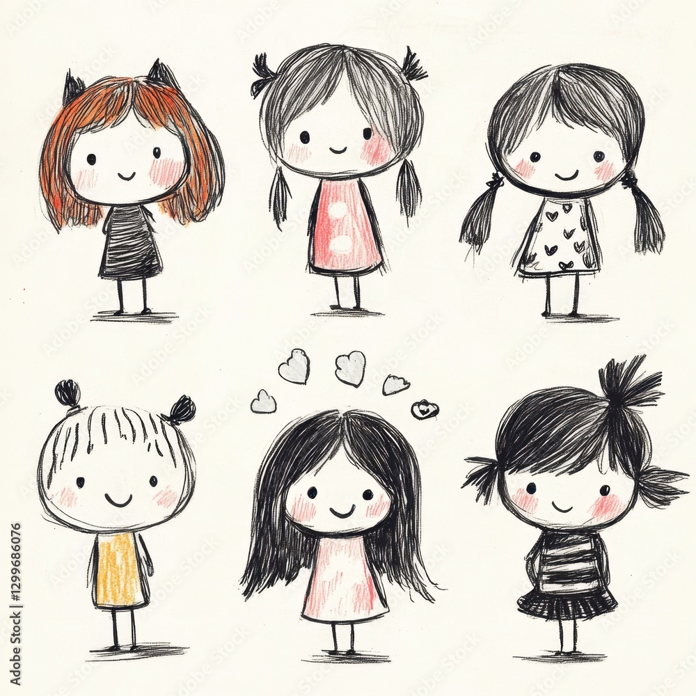 Six Cute Hand-Drawn Cartoon Girls with Various Hairstyles and Outfits Six Cute Hand-Drawn Cartoon Girls with Various Hairstyles and Outfits