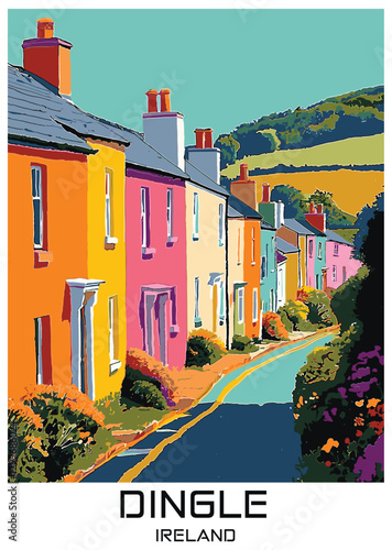 Dingle, Ireland Vector Illustration: Colorful Houses and Landscape