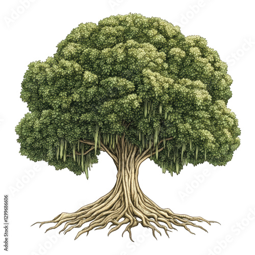 A creative banyan tree digital illustration, unique yet recognizable, showcasing elegant roots and full leafy canopy, transparent background, PNG