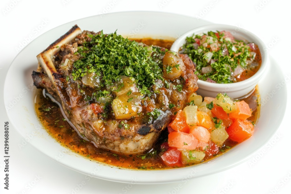 Osso buco masterpiece on plate vibrant salsa medley garden herb relish culinary delight gourmet creation Osso buco masterpiece on plate vibrant salsa medley garden herb relish culinary delight gourmet creation