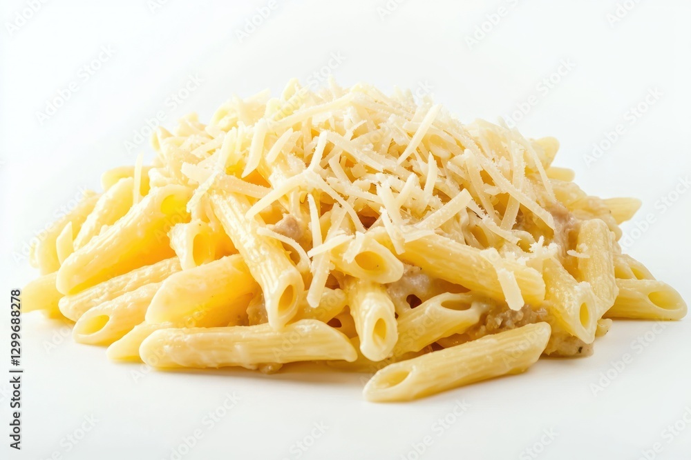 Delicious penne pasta with creamy cheese sauce topped with grated Parmesan cheese on white backdrop italian cuisine food photography Delicious penne pasta with creamy cheese sauce topped with grated Parmesan cheese on white backdrop italian cuisine food photography