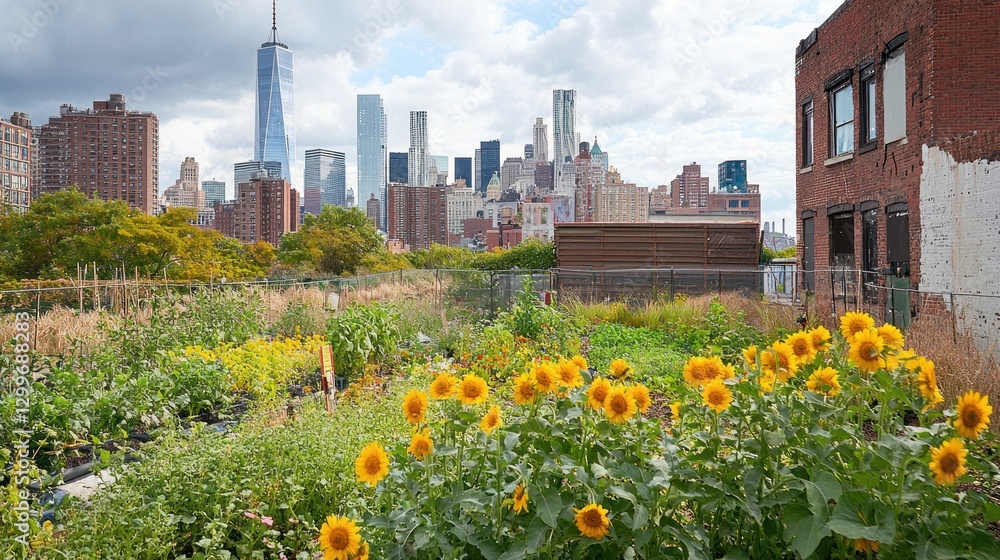 Fototapeta premium Rooftop garden with sunflowers and city skyline view.