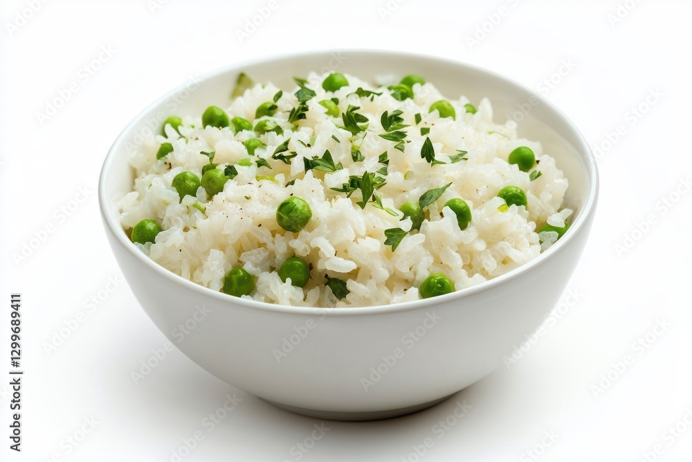 Delicious bowl of rice with green peas and fresh parsley shot in studio with soft lighting and white background perfect for vegetarian and healthy diet concepts