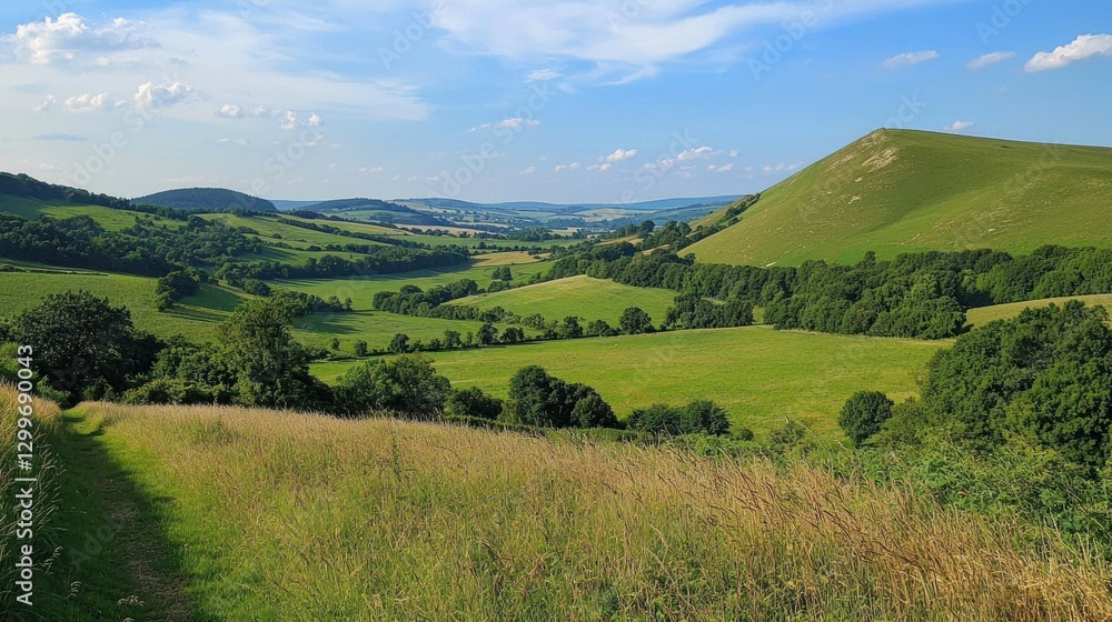 Scenic valley landscape with rolling green hills, meadows, and a footpath under a blue sky. Scenic valley landscape with rolling green hills, meadows, and a footpath under a blue sky.