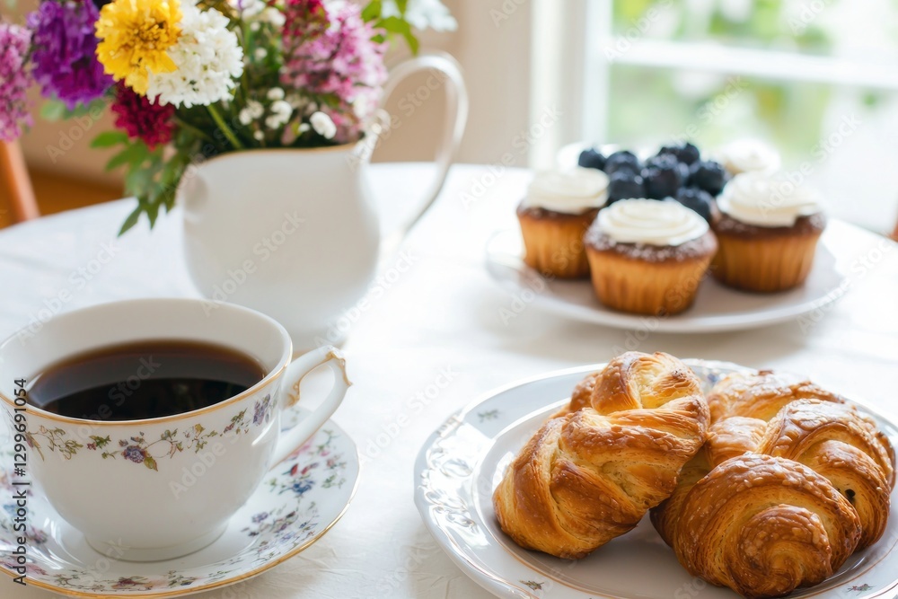 Elegant breakfast scene featuring coffee pastry cupcakes and flowers in soft light and bright style perfect for a morning mood Elegant breakfast scene featuring coffee pastry cupcakes and flowers in soft light and bright style perfect for a morning mood