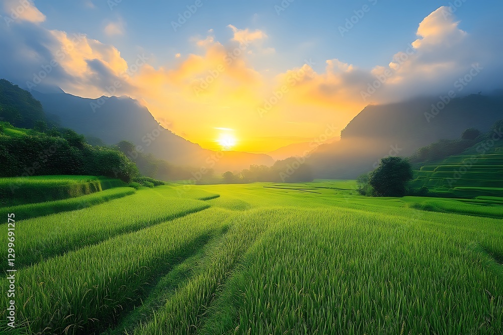Rice paddies gleam in valley at sunset glow Rice paddies gleam in valley at sunset glow