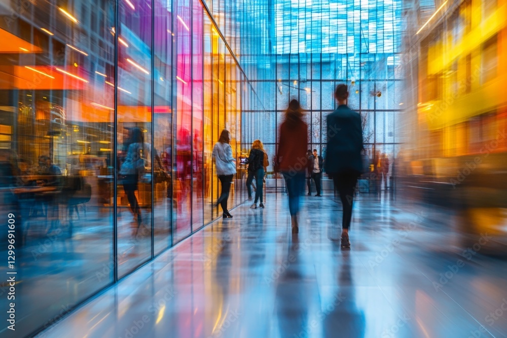 People walking through a vibrant urban space with colorful reflections and glass architecture during the evening People walking through a vibrant urban space with colorful reflections and glass architecture during the evening