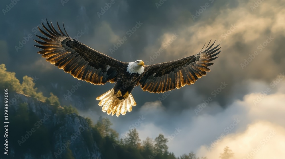 Fototapeta premium Majestic eagle soaring through dramatic mountain landscape nature photography aerial view wildlife concept