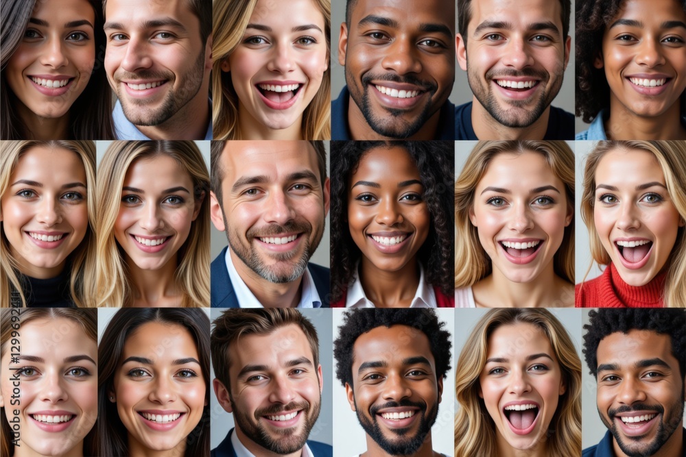 Fototapeta premium Diverse Group of Young Adults Smiling Together in a Studio Portrait Session: Men and Women Exuding Joy and Positivity in an Indoor Setting