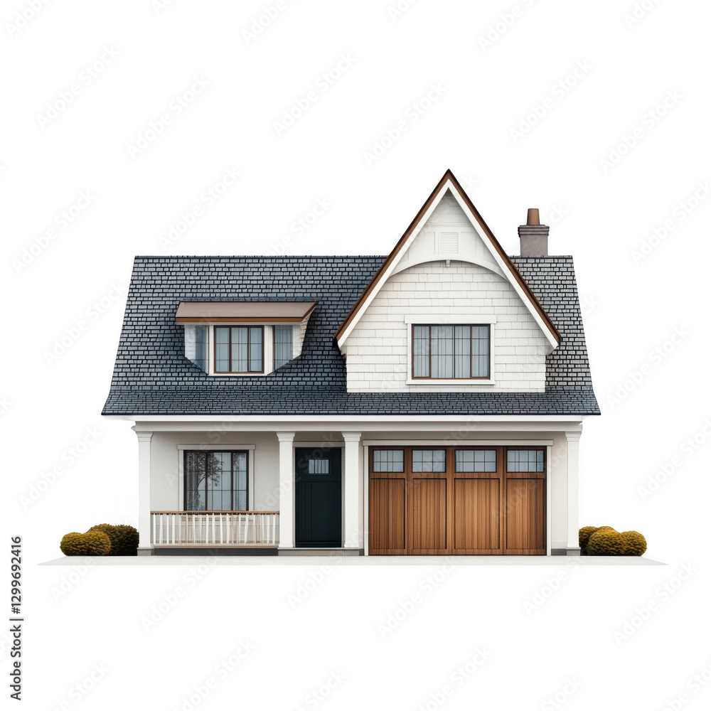 Charming White House with Gable Roof and Wooden Garage Door Charming White House with Gable Roof and Wooden Garage Door