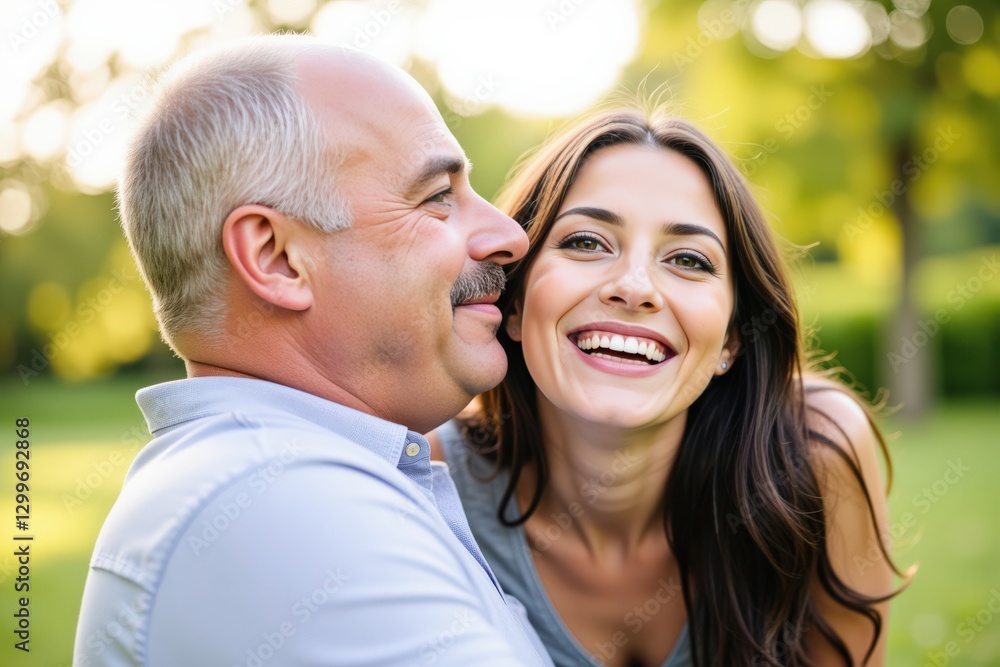 Joyful Couple in Nature: A Middle-Aged Man with a Mustache and a Younger Woman Sharing a Laughter-Filled Moment in a Lush Green Park Setting Joyful Couple in Nature: A Middle-Aged Man with a Mustache and a Younger Woman Sharing a Laughter-Filled Moment in a Lush Green Park Setting