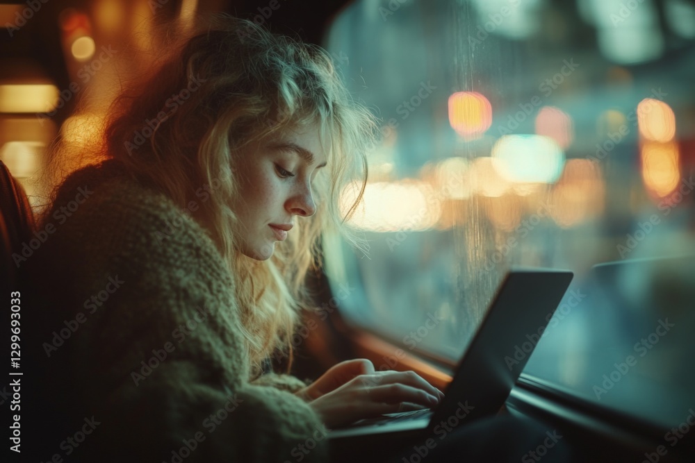Young woman working on laptop while traveling on a train during dusk Young woman working on laptop while traveling on a train during dusk