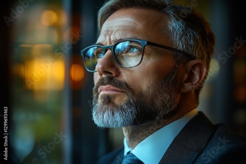 Mature man in formal attire gazing thoughtfully out the window at dusk in a modern urban setting