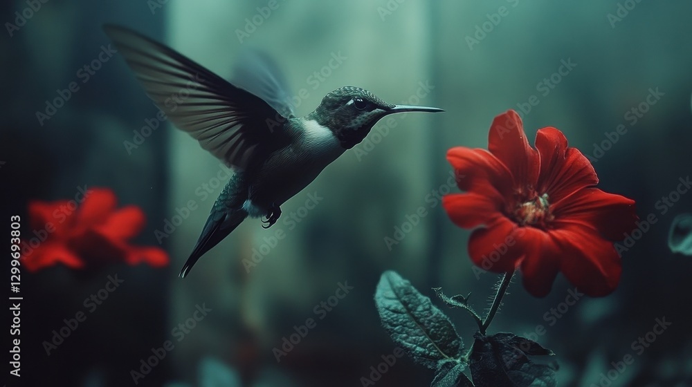 Fototapeta premium Hummingbird feeding on red flowers garden nature photography lush environment close-up beauty of wildlife