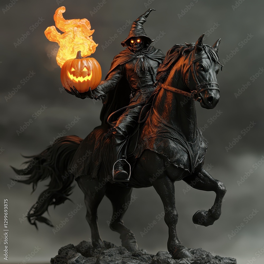 Eerie Horseman with Pumpkin and Flame in Dark Atmosphere Eerie Horseman with Pumpkin and Flame in Dark Atmosphere