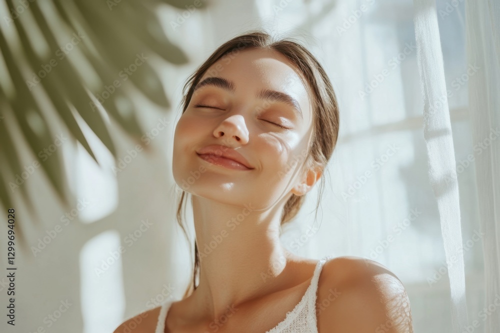 Young Woman Enjoying Natural Light in a Bright Room Atmosphere Young Woman Enjoying Natural Light in a Bright Room Atmosphere