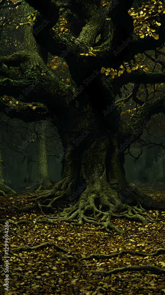 Ancient Tree in Dark Autumn Forest with Golden Leaves Ancient Tree in Dark Autumn Forest with Golden Leaves