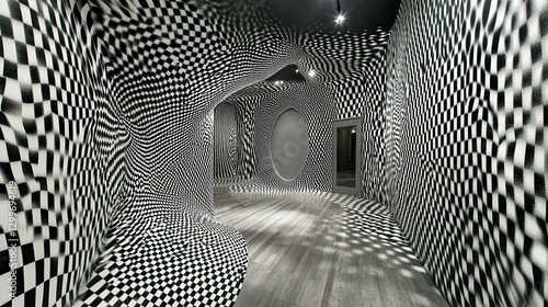 This interior room features optical illusions and black and white checkers