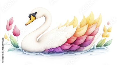 Watercolor Swan with Rainbow Tail Feathers and Pink Flowers