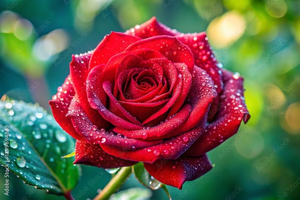Single Red Rose with Dew Drops - Candid Close-Up Stock Photo Single Red Rose with Dew Drops - Candid Close-Up Stock Photo