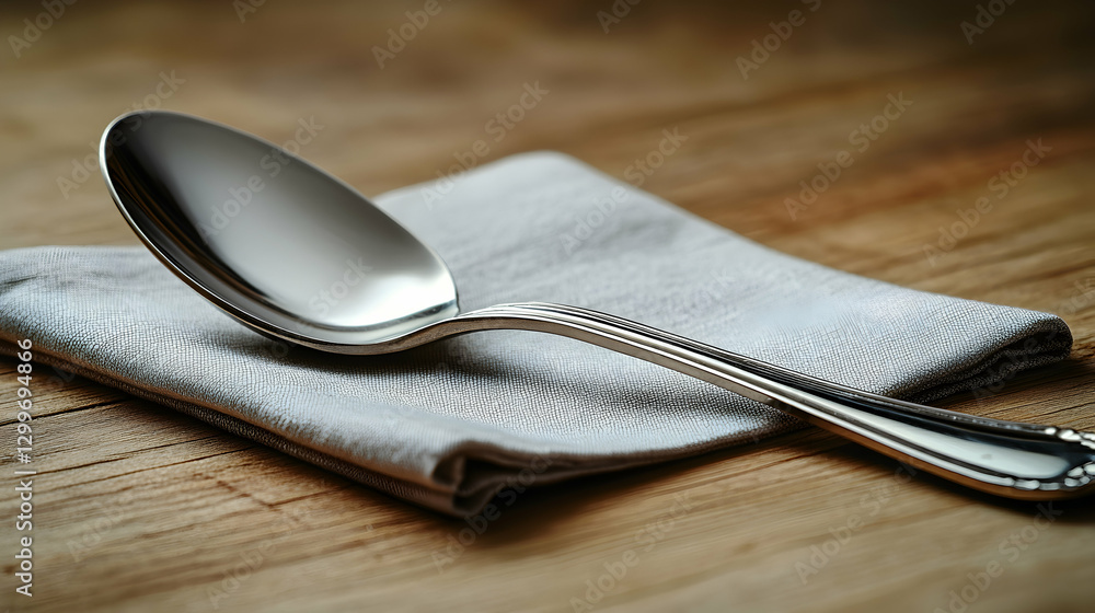 Silver spoon on a napkin on a wooden table Silver spoon on a napkin on a wooden table