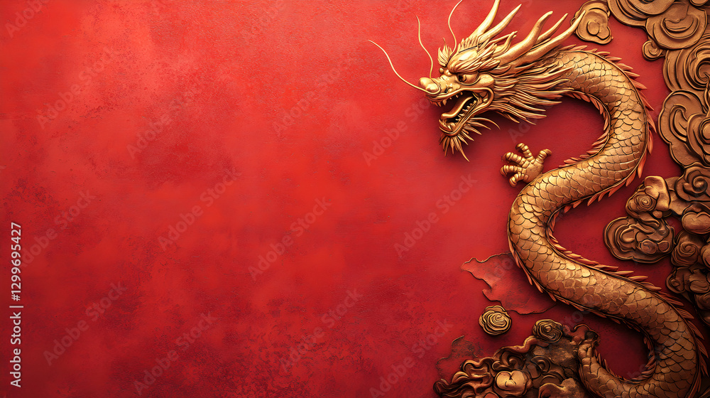 un fondo rojo vibrante con un la imagen en tercera dimension de un dragon chino dorado simbolo oriental con espacio de copia un fondo rojo vibrante con un la imagen en tercera dimension de un dragon chino dorado simbolo oriental con espacio de copia