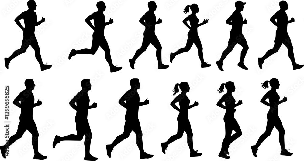 Running men and women, isolated vector silhouettes. Run, side view. Silhouettes of athletic looking male and female runners running. EPS 10 version. Running men and women, isolated vector silhouettes. Run, side view. Silhouettes of athletic looking male and female runners running. EPS 10 version.