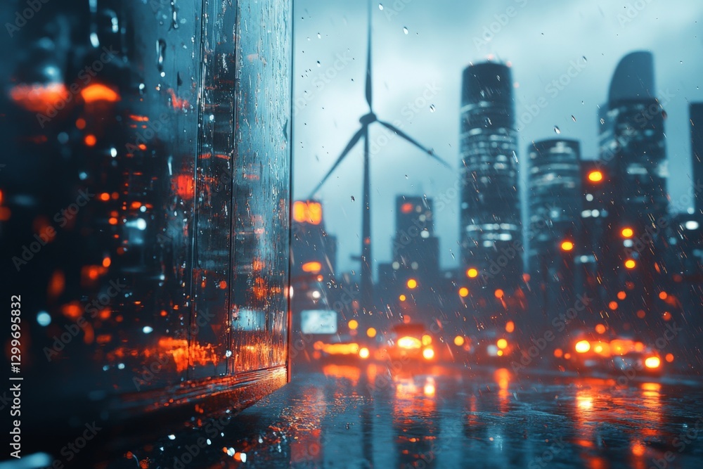 Fototapeta premium City skyline illuminated by rain-soaked streetlights and wind turbines during nighttime
