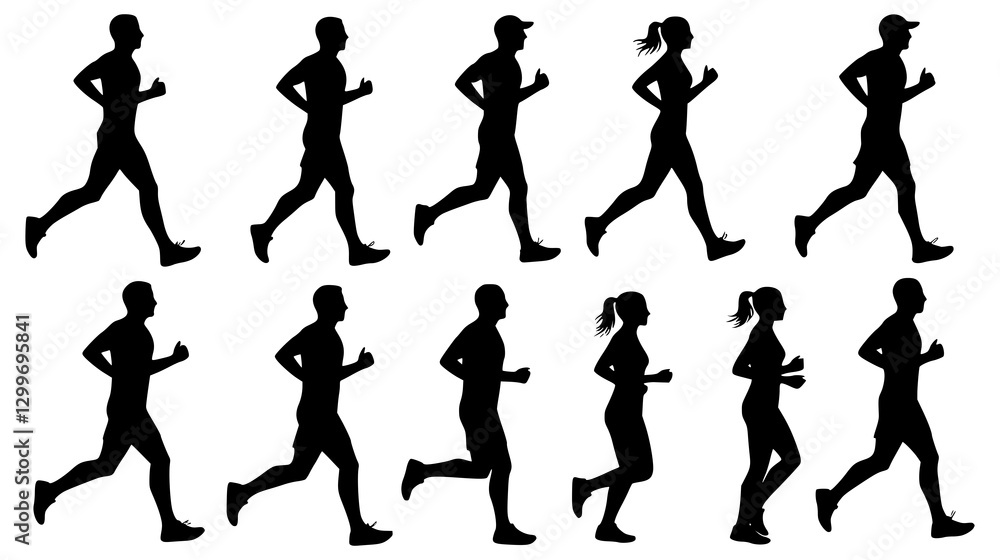 Running men and women, isolated vector silhouettes. Run, side view. Silhouettes of athletic looking male and female runners running. JPEG version. Running men and women, isolated vector silhouettes. Run, side view. Silhouettes of athletic looking male and female runners running. JPEG version.