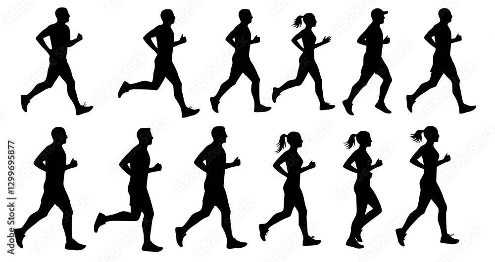Running men and women, isolated vector silhouettes. Run, side view. Silhouettes of athletic looking male and female runners running. JPEG version. Running men and women, isolated vector silhouettes. Run, side view. Silhouettes of athletic looking male and female runners running. JPEG version.
