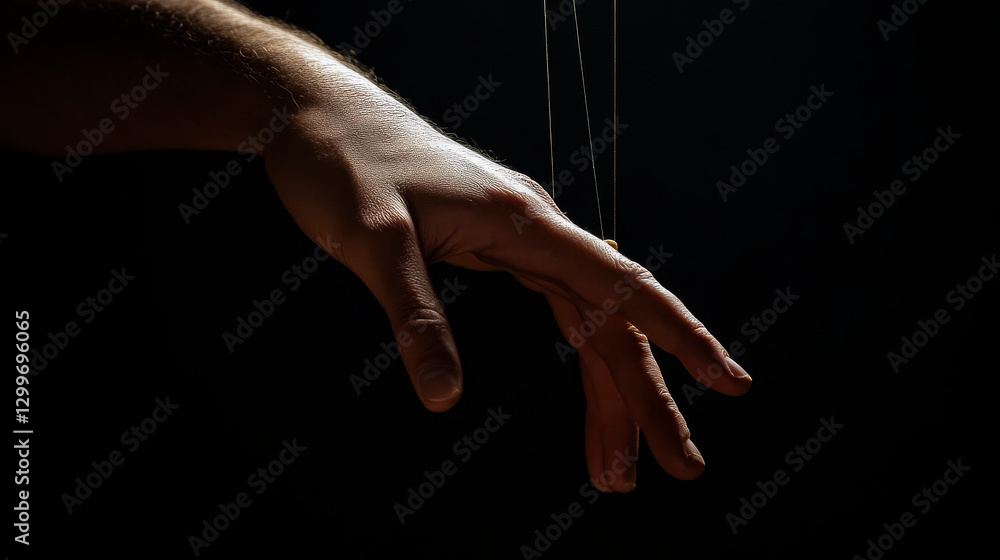Fototapeta premium Barely Visible Marionette String Controlling a Hand, Concept of Manipulation