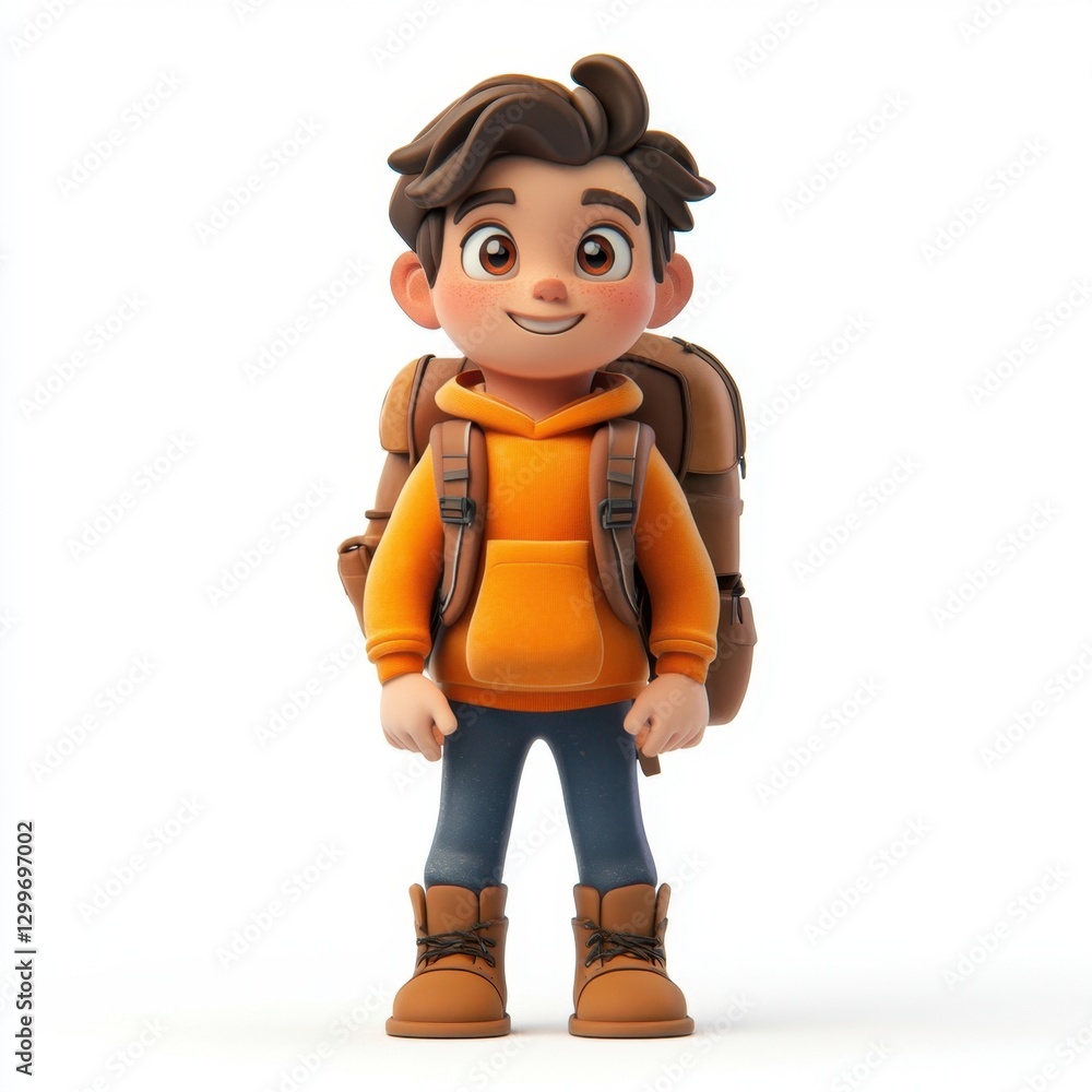 Cheerful Cartoon Boy with Backpack in Bright Orange Hoodie Cheerful Cartoon Boy with Backpack in Bright Orange Hoodie