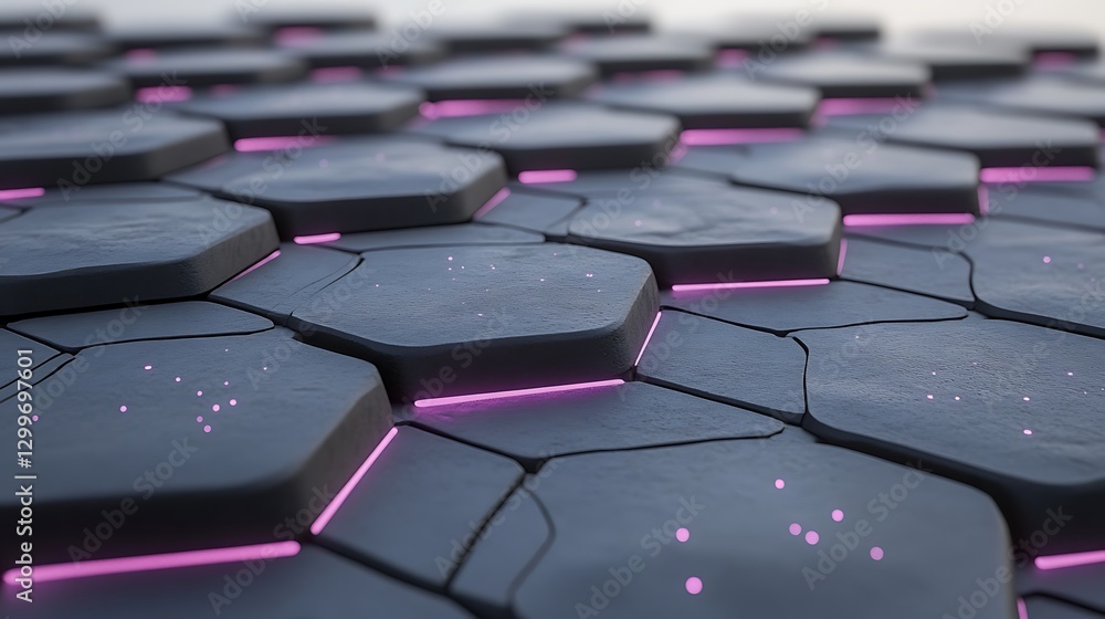 Fototapeta premium Textured Hexagon Pattern with Purple Glowing Edges Abstract Design Presentation Backdrop and Decoration