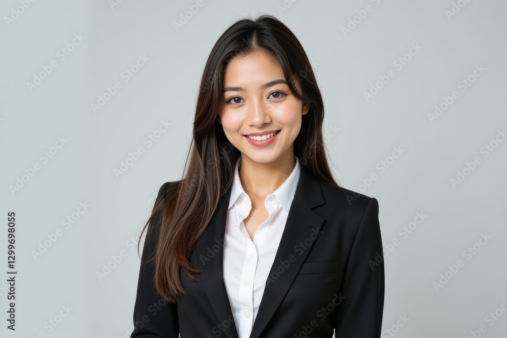 Professional Portrait of a Young Asian Woman in a Formal Business Suit with a Friendly Smile Against a Light Gray Background Professional Portrait of a Young Asian Woman in a Formal Business Suit with a Friendly Smile Against a Light Gray Background