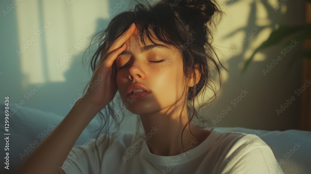 Obraz premium Young woman experiencing stress in sunlight room with plants