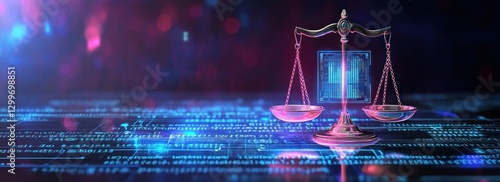 Digital justice scales on a futuristic background.