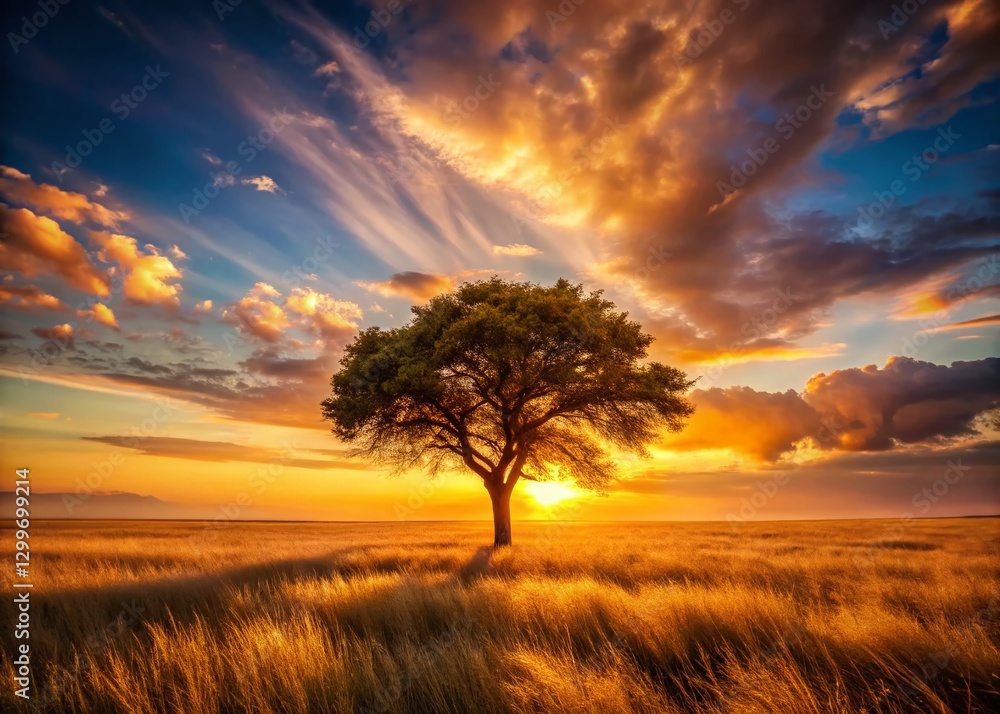Obraz premium Solitary Tree Sunset Golden Field Landscape - Serene Nature Photography