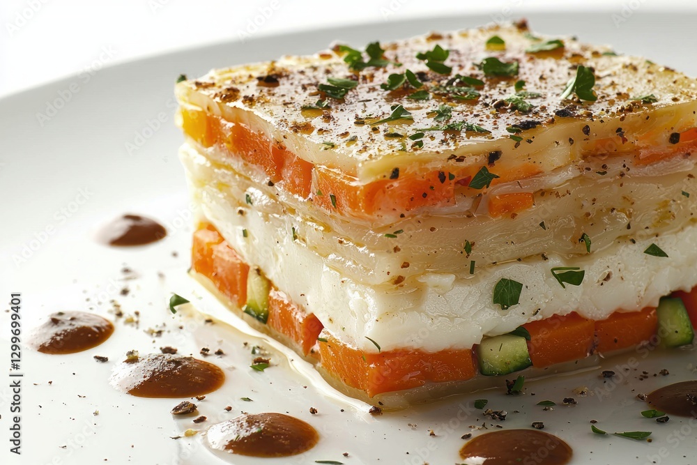 Delicious savory vegetable tian layered presentation on white plate studio shot culinary delight gourmet meal Delicious savory vegetable tian layered presentation on white plate studio shot culinary delight gourmet meal